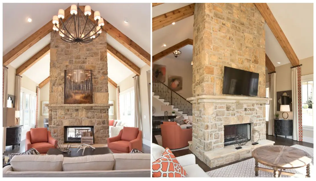 A two-sided fireplace gives you twice as much space to cozy up by the fire on a cold winter day.